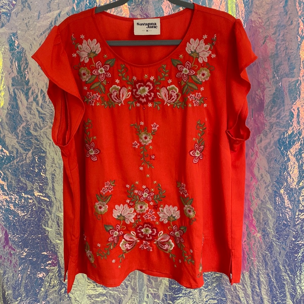 Red Savanna Jane Embroidered Blouse, 1X, Gently Worn